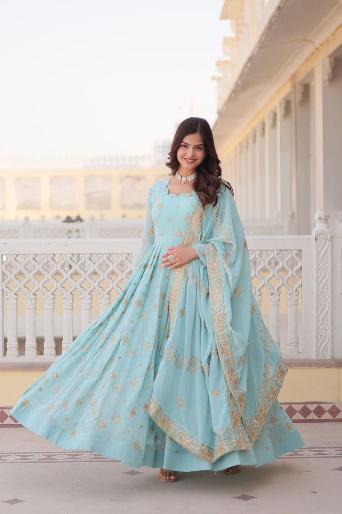 Faux Georgette Sky Blue Gown with Zari & Sequin Embroidered Dupatta ClothsVilla