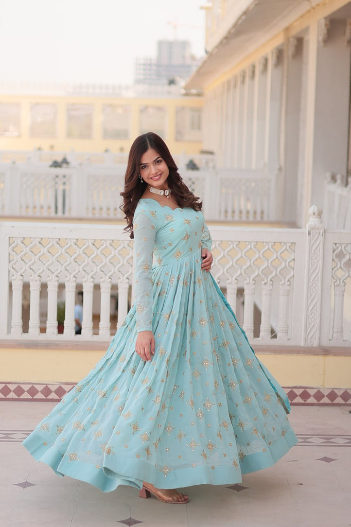 Faux Georgette Sky Blue Gown with Zari & Sequin Embroidered Dupatta ClothsVilla