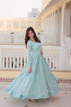 Load image into Gallery viewer, Faux Georgette Sky Blue Gown with Zari &amp; Sequin Embroidered Dupatta ClothsVilla