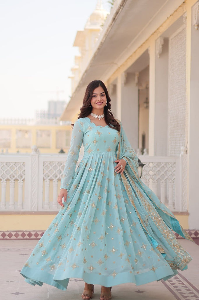 Faux Georgette Sky Blue Gown with Zari & Sequin Embroidered Dupatta ClothsVilla