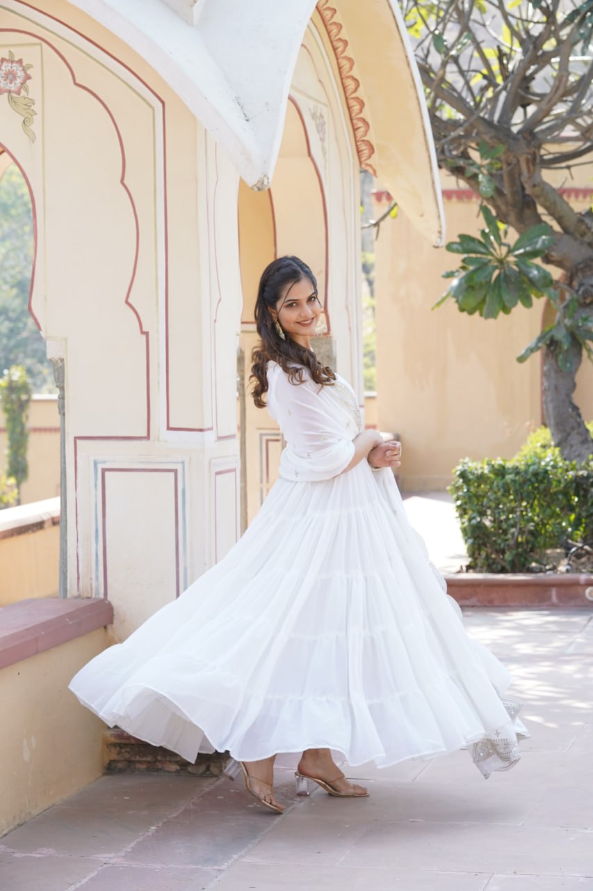 Faux Georgette White Gown with Designer Embroidered Dupatta ClothsVilla