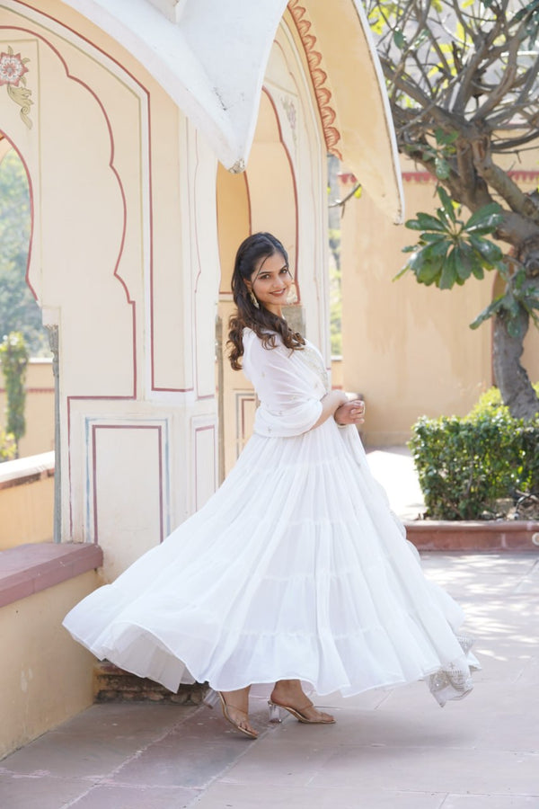 Faux Georgette White Gown with Designer Embroidered Dupatta ClothsVilla