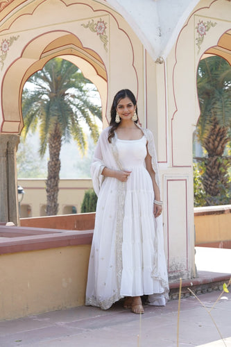 Faux Georgette White Gown with Designer Embroidered Dupatta ClothsVilla