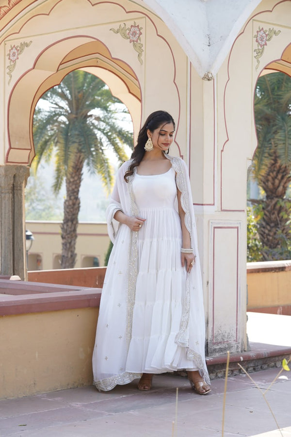 Faux Georgette White Gown with Designer Embroidered Dupatta ClothsVilla