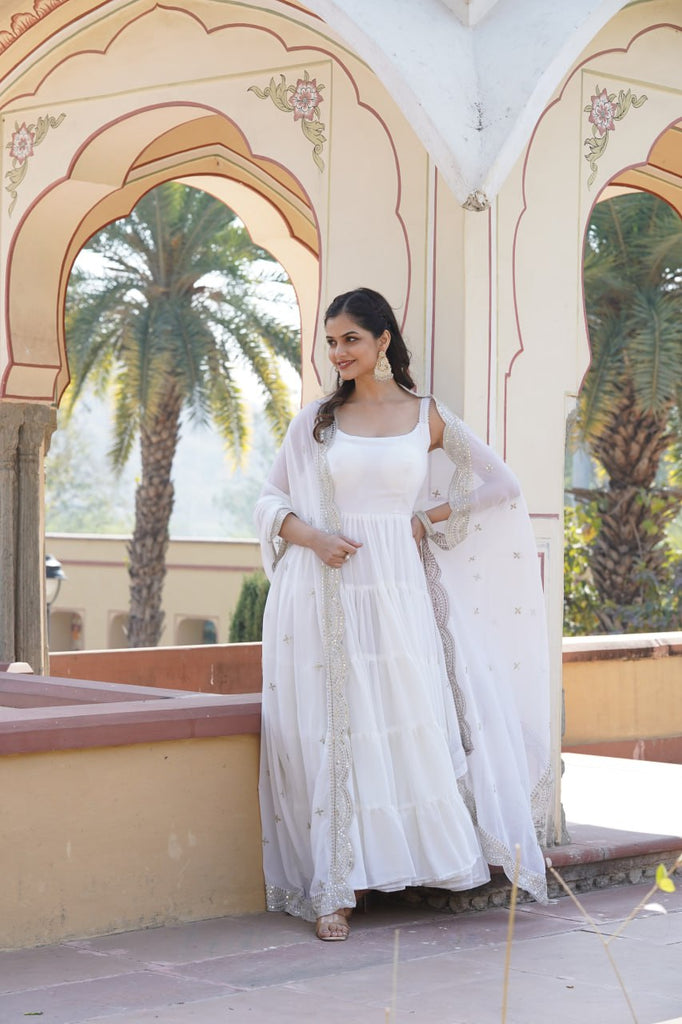 Faux Georgette White Gown with Designer Embroidered Dupatta ClothsVilla