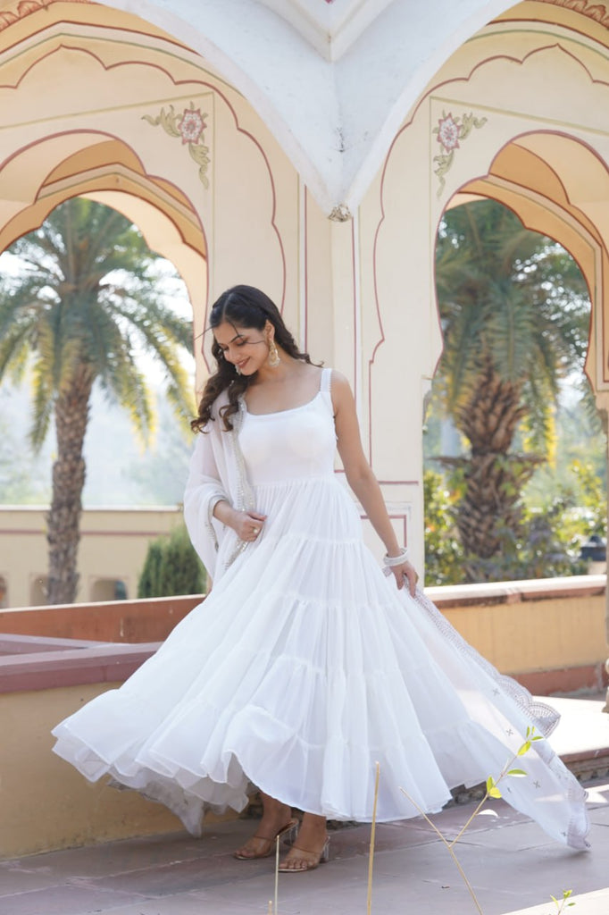 Faux Georgette White Gown with Designer Embroidered Dupatta ClothsVilla