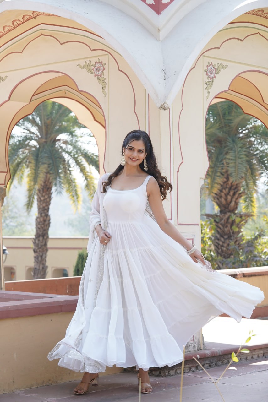 Faux Georgette White Gown with Designer Embroidered Dupatta ClothsVilla
