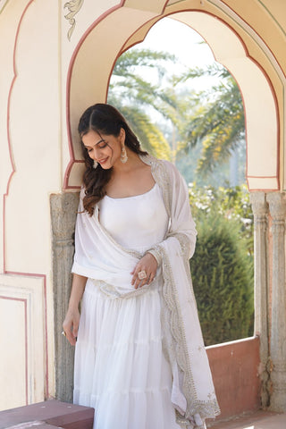 Faux Georgette White Gown with Designer Embroidered Dupatta ClothsVilla