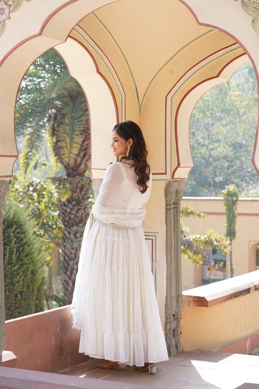Faux Georgette White Gown with Designer Embroidered Dupatta ClothsVilla
