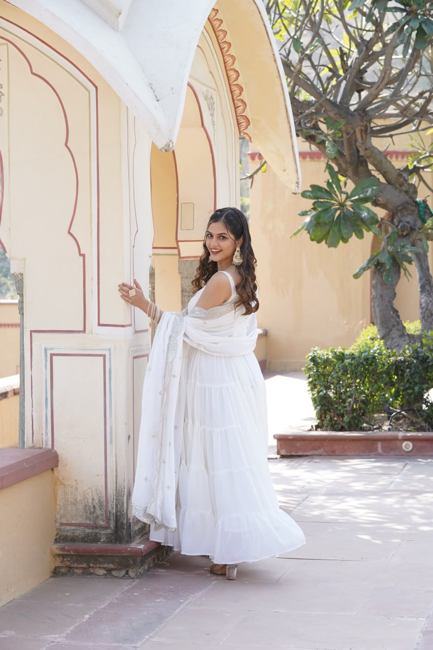 Faux Georgette White Gown with Designer Embroidered Dupatta ClothsVilla