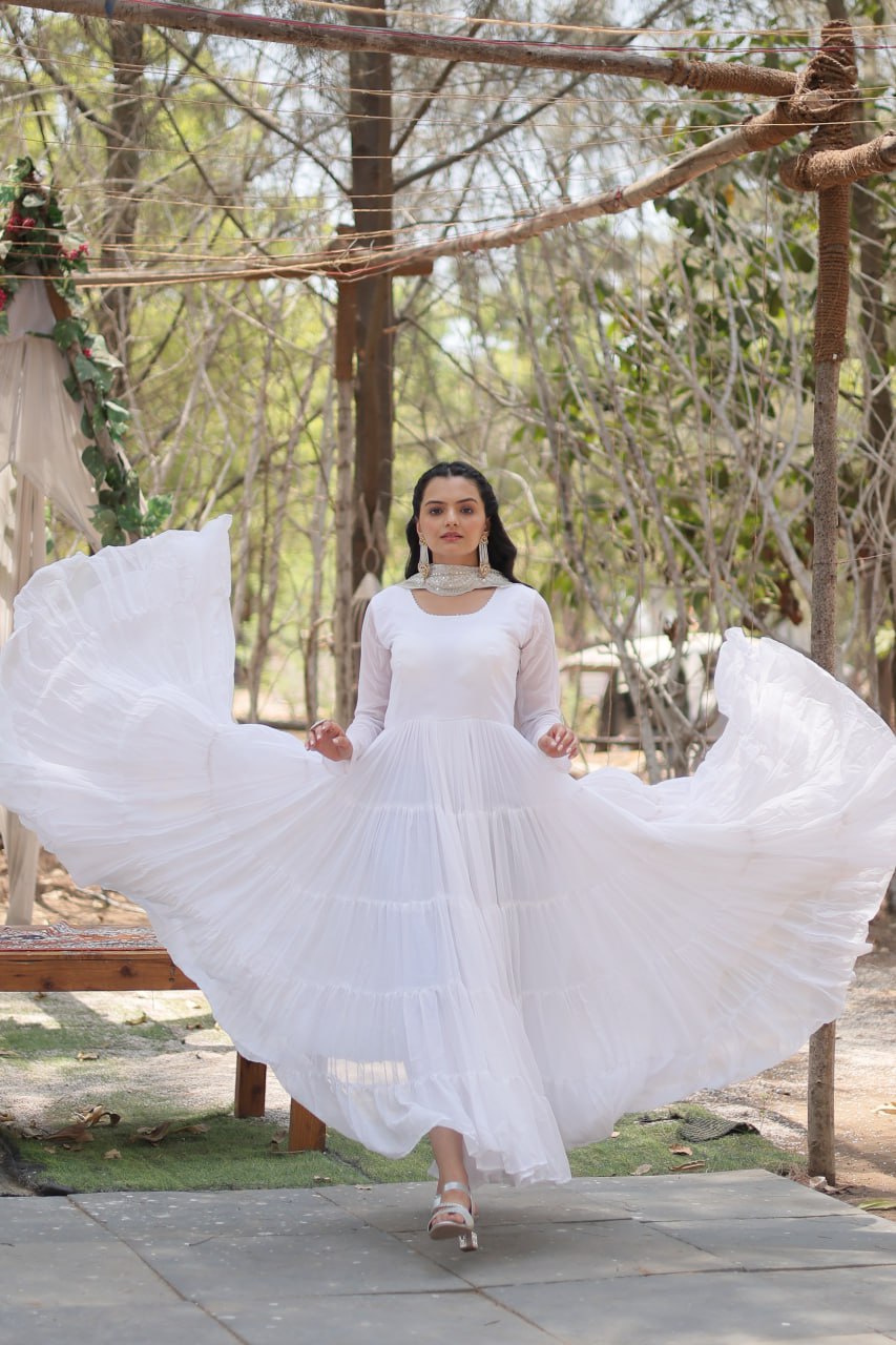 Faux Georgette White Gown with Cascading Frills and Sequin Dupatta Secondary image