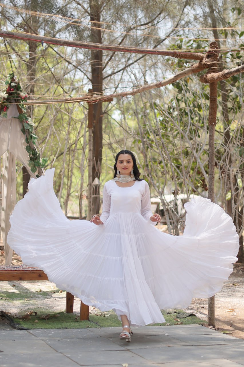 Faux Georgette White Gown with Cascading Frills and Sequin Dupatta ClothsVilla Main image