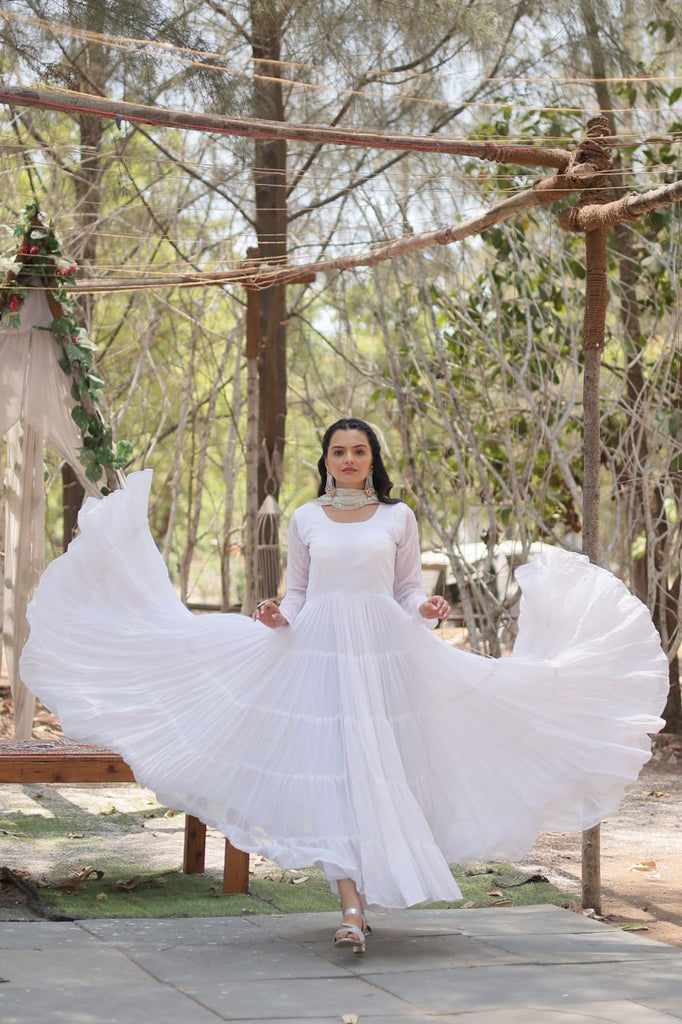 Faux Georgette White Gown with Cascading Frills and Sequin Dupatta ClothsVilla