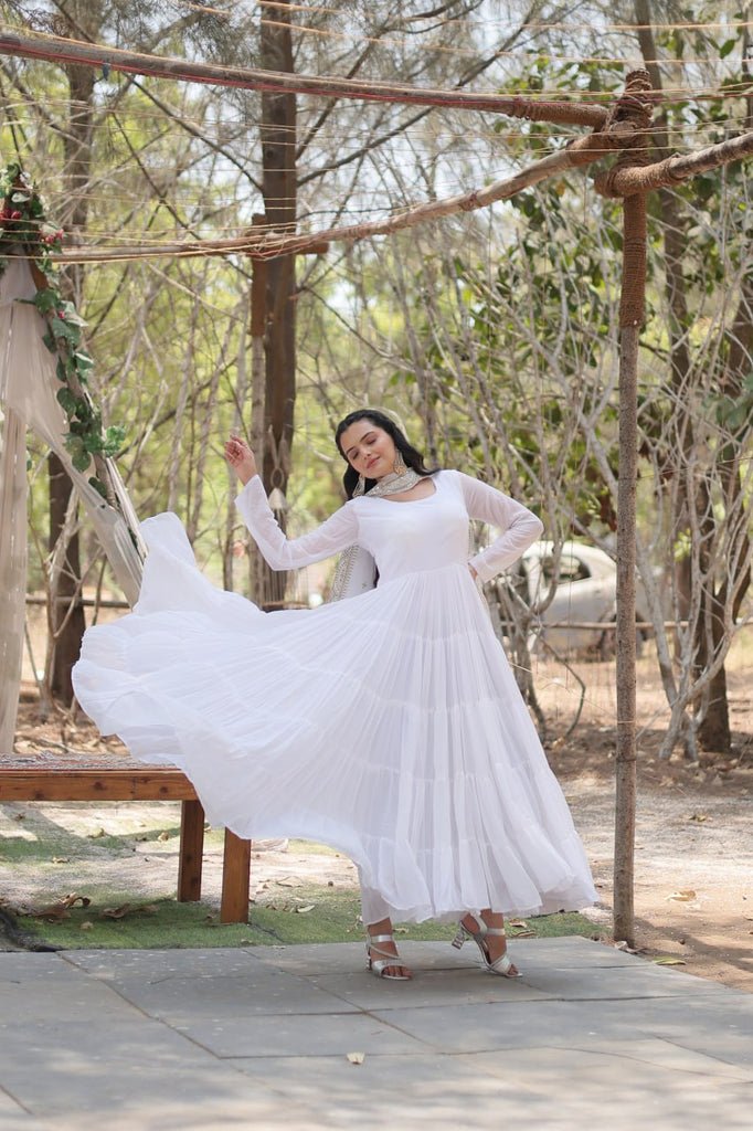 Faux Georgette White Gown with Cascading Frills and Sequin Dupatta ClothsVilla