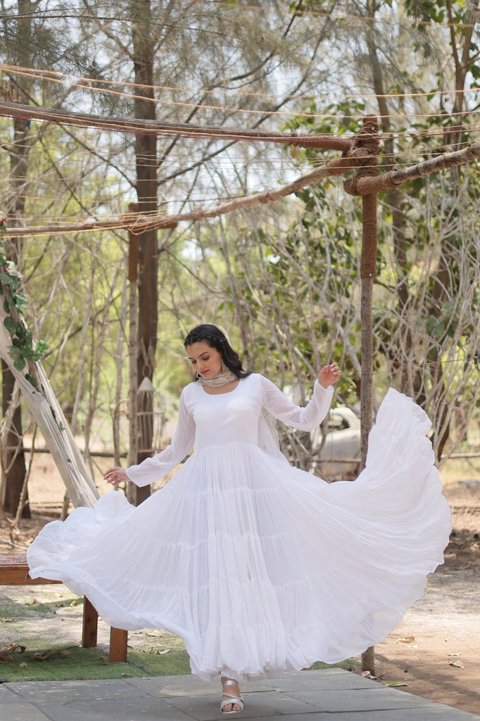 Faux Georgette White Gown with Cascading Frills and Sequin Dupatta ClothsVilla