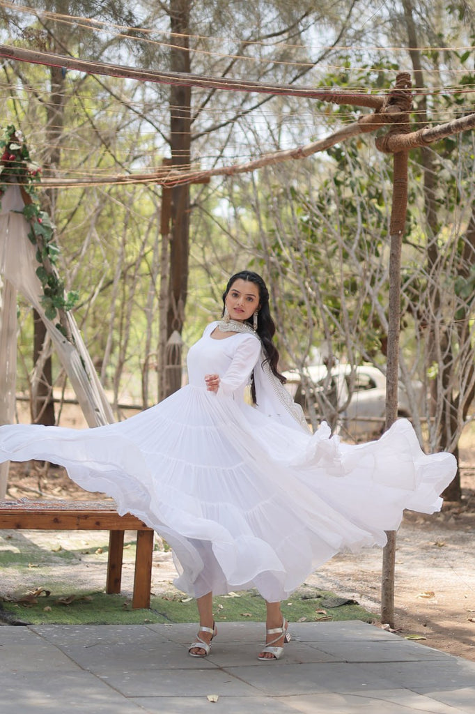 Faux Georgette White Gown with Cascading Frills and Sequin Dupatta ClothsVilla