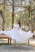 Load image into Gallery viewer, Faux Georgette White Gown with Cascading Frills and Sequin Dupatta ClothsVilla