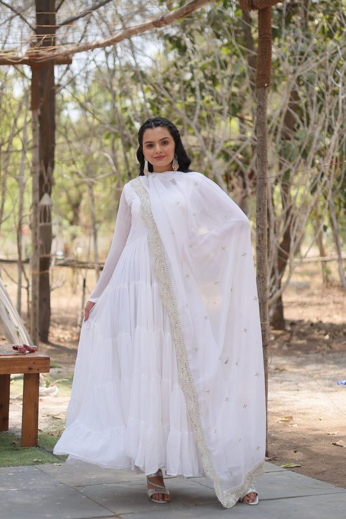 Faux Georgette White Gown with Cascading Frills and Sequin Dupatta ClothsVilla