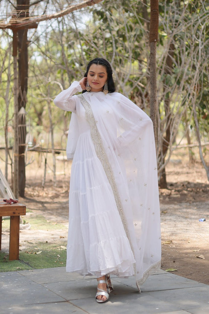 Faux Georgette White Gown with Cascading Frills and Sequin Dupatta ClothsVilla