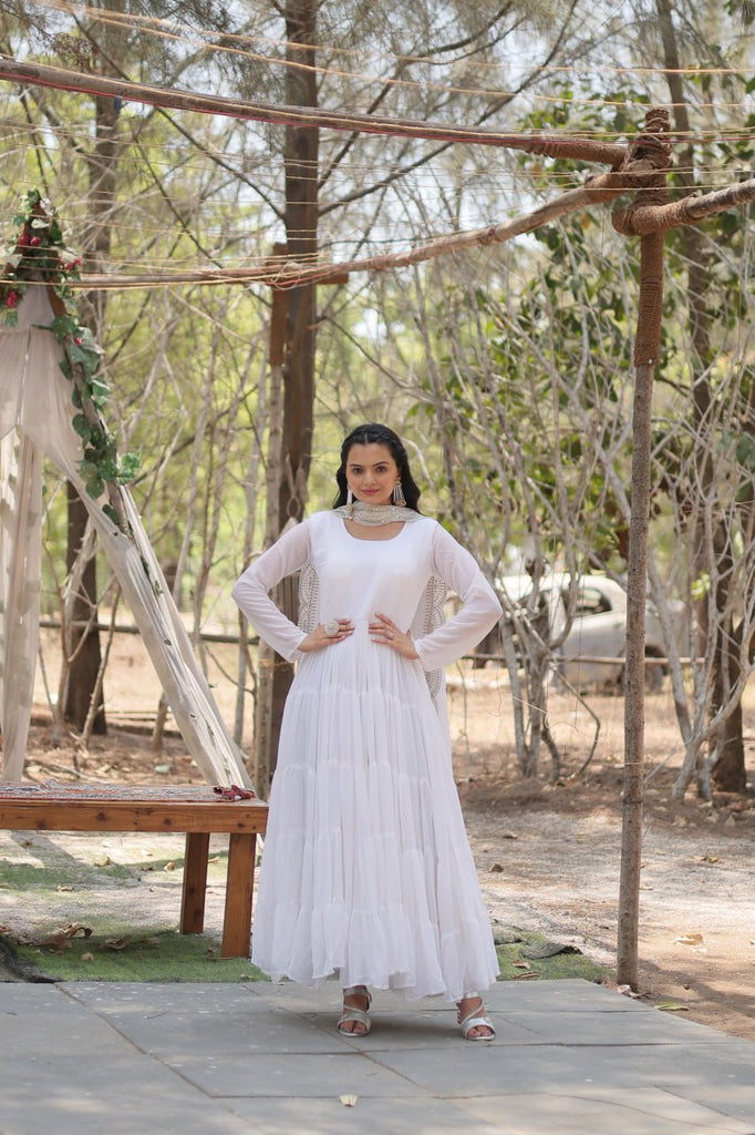 Faux Georgette White Gown with Cascading Frills and Sequin Dupatta ClothsVilla