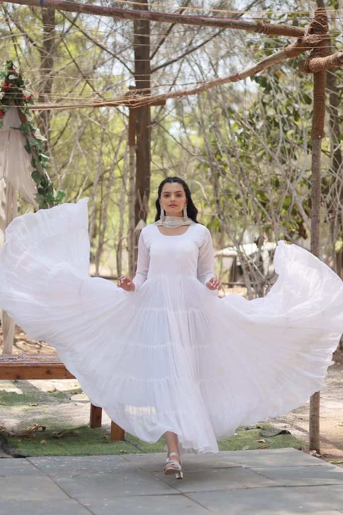 Faux Georgette White Gown with Cascading Frills and Sequin Dupatta ClothsVilla