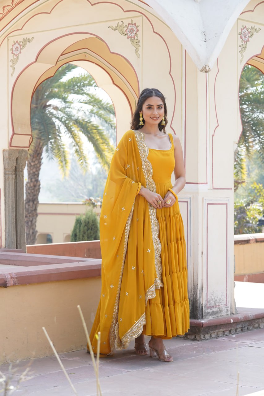 Faux Georgette Yellow Gown with Designer Embroidered Dupatta ClothsVilla Main image