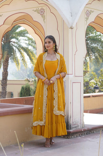 Faux Georgette Yellow Gown with Designer Embroidered Dupatta ClothsVilla