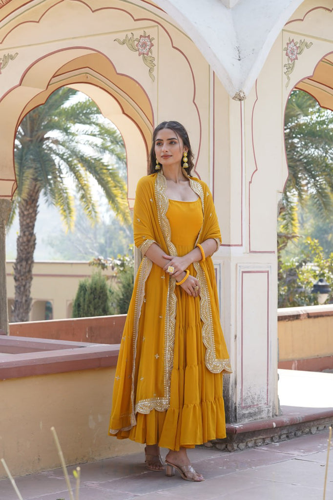 Faux Georgette Yellow Gown with Designer Embroidered Dupatta ClothsVilla