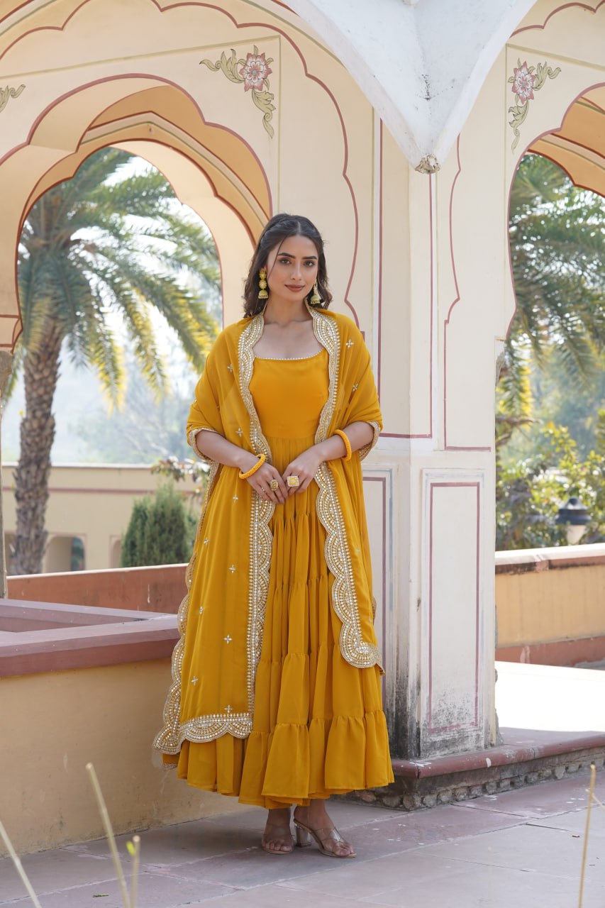 Faux Georgette Yellow Gown with Designer Embroidered Dupatta ClothsVilla
