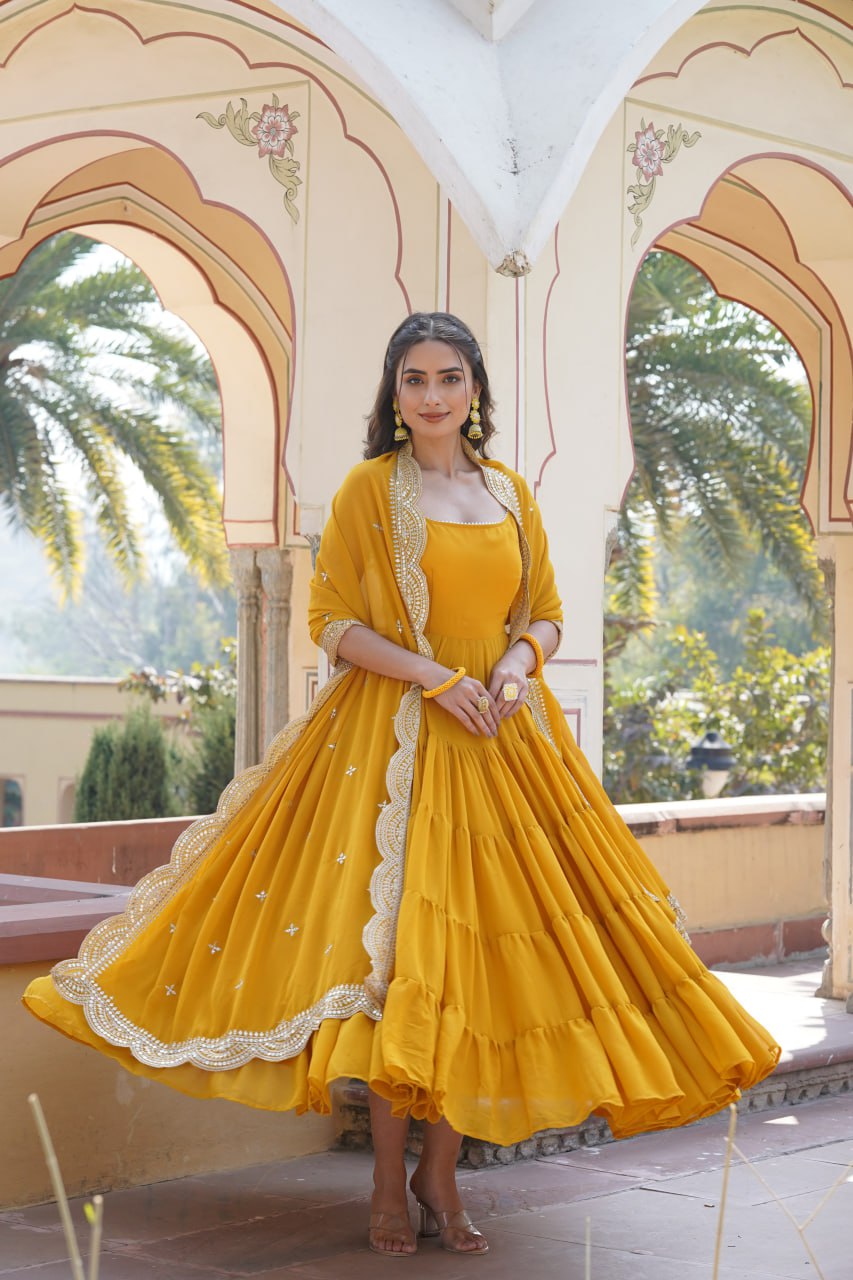 Faux Georgette Yellow Gown with Designer Embroidered Dupatta ClothsVilla
