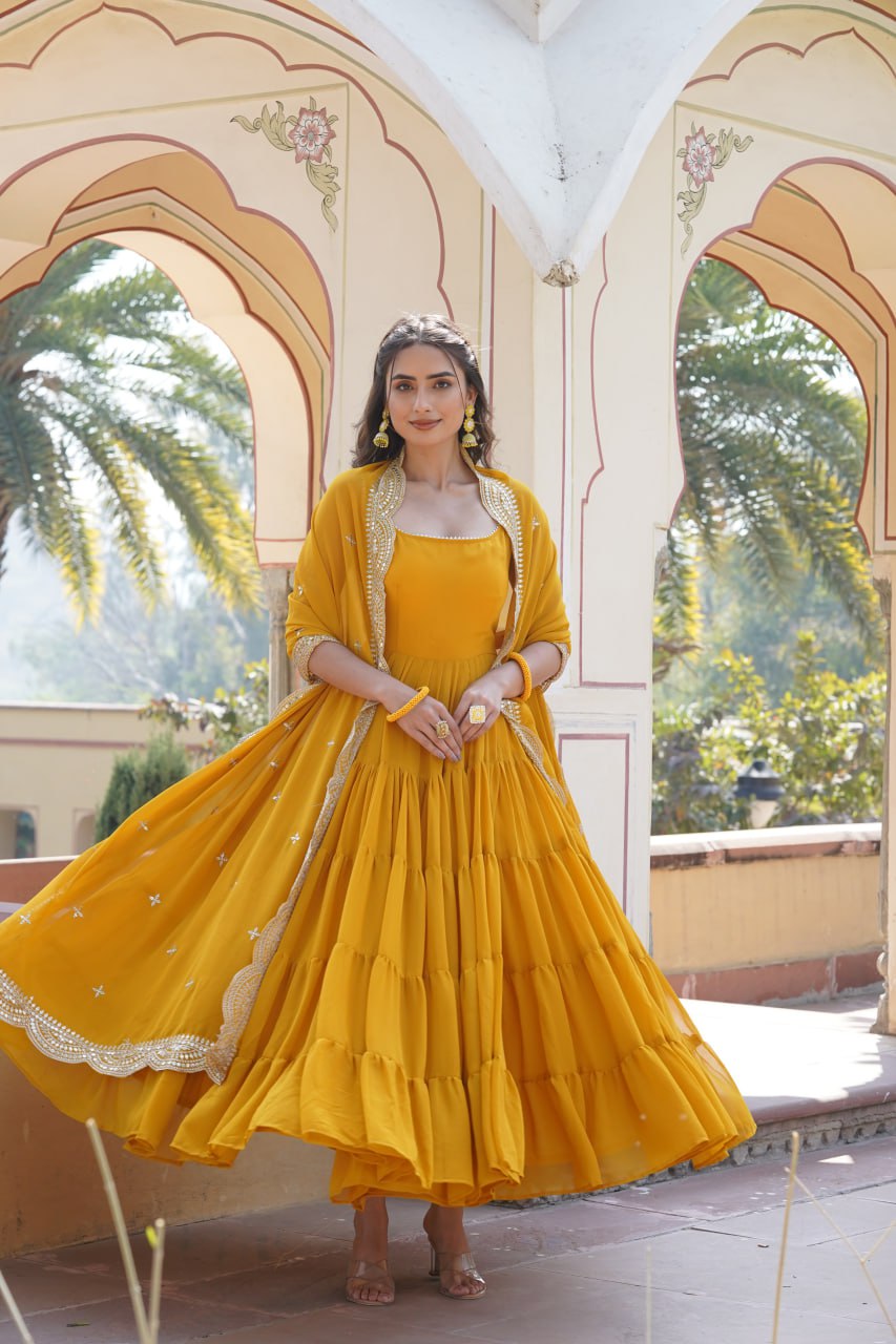 Faux Georgette Yellow Gown with Designer Embroidered Dupatta ClothsVilla