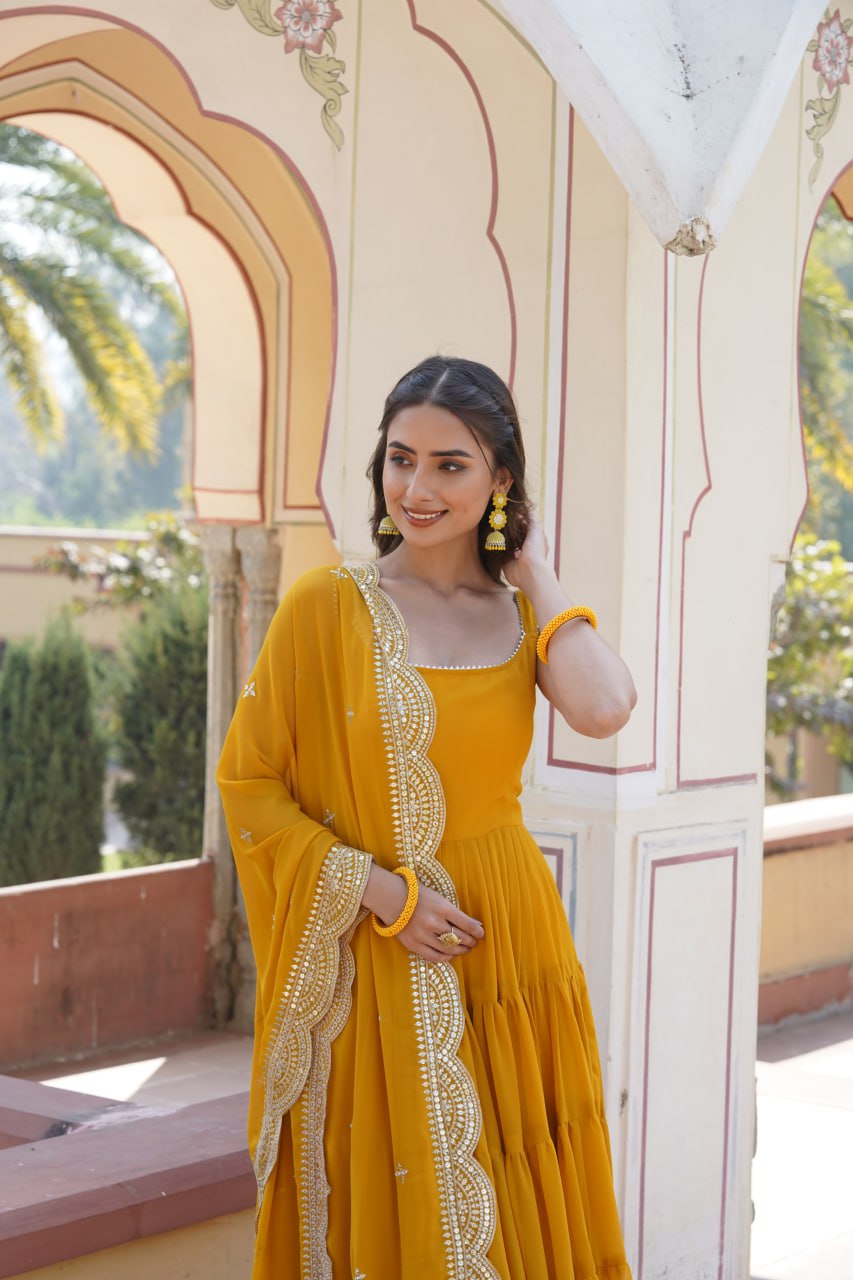 Faux Georgette Yellow Gown with Designer Embroidered Dupatta ClothsVilla