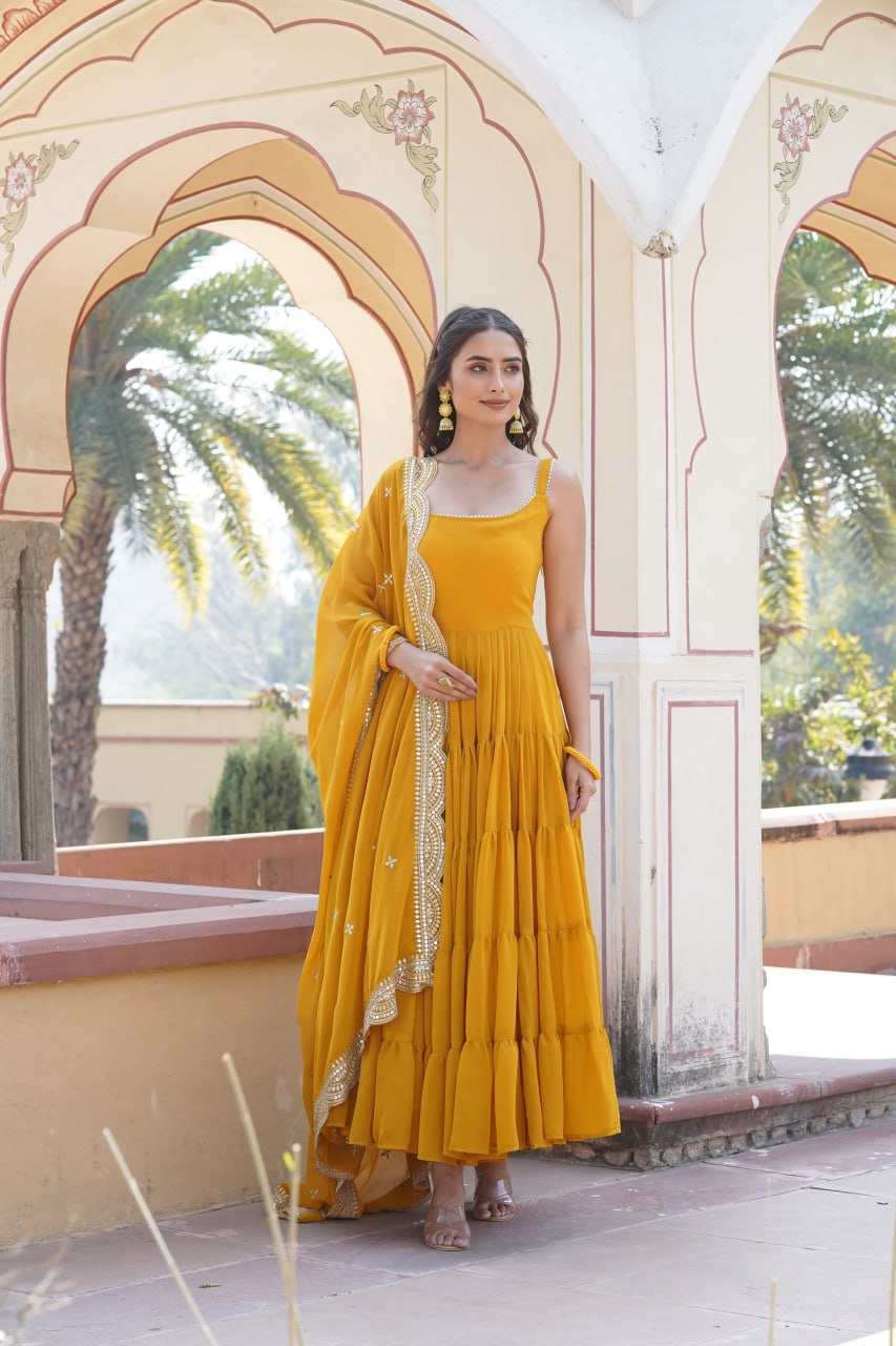 Faux Georgette Yellow Gown with Designer Embroidered Dupatta ClothsVilla