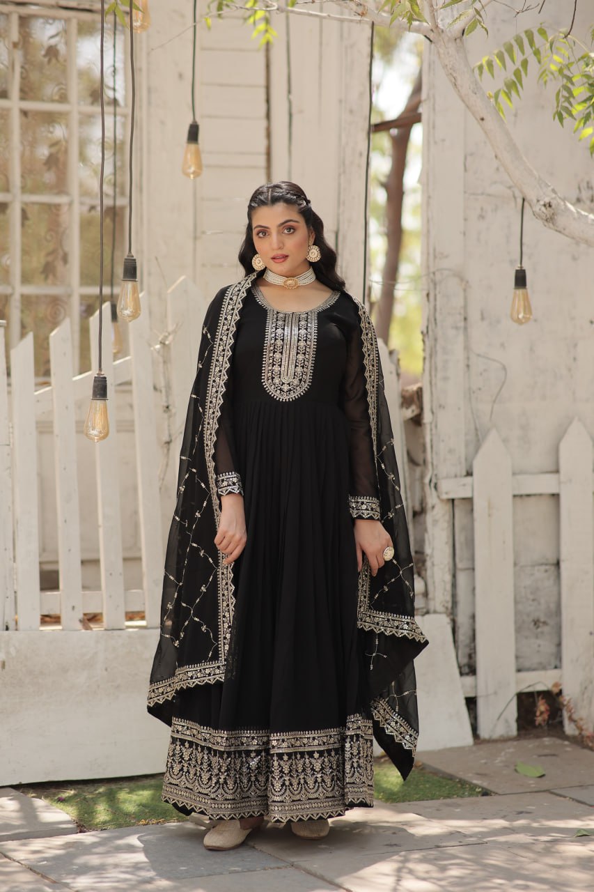 Faux Sequin Embroidered Black Gown with Matching Dupatta ClothsVilla Main image
