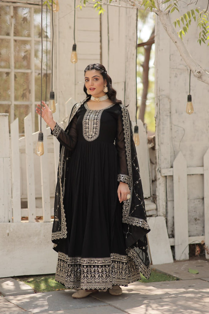 Faux Sequin Embroidered Black Gown with Matching Dupatta ClothsVilla