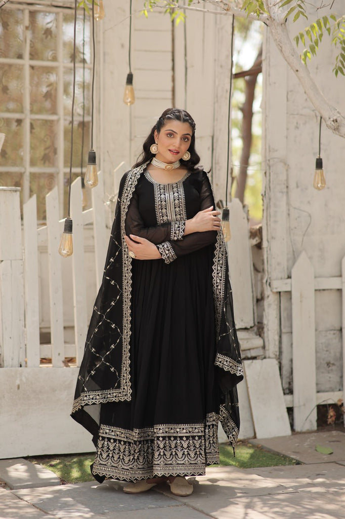 Faux Sequin Embroidered Black Gown with Matching Dupatta ClothsVilla