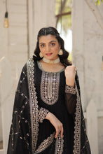 Load image into Gallery viewer, Faux Sequin Embroidered Black Gown with Matching Dupatta ClothsVilla