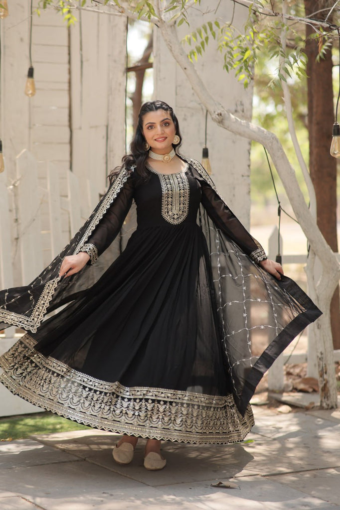 Faux Sequin Embroidered Black Gown with Matching Dupatta ClothsVilla