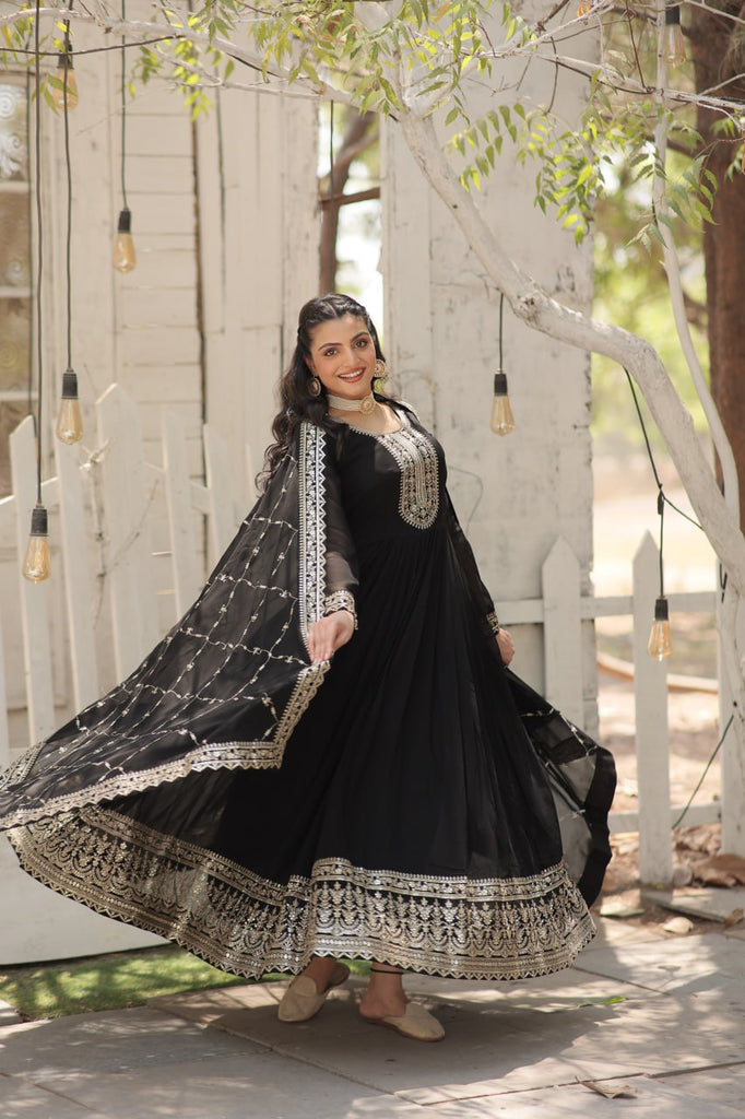 Faux Sequin Embroidered Black Gown with Matching Dupatta ClothsVilla