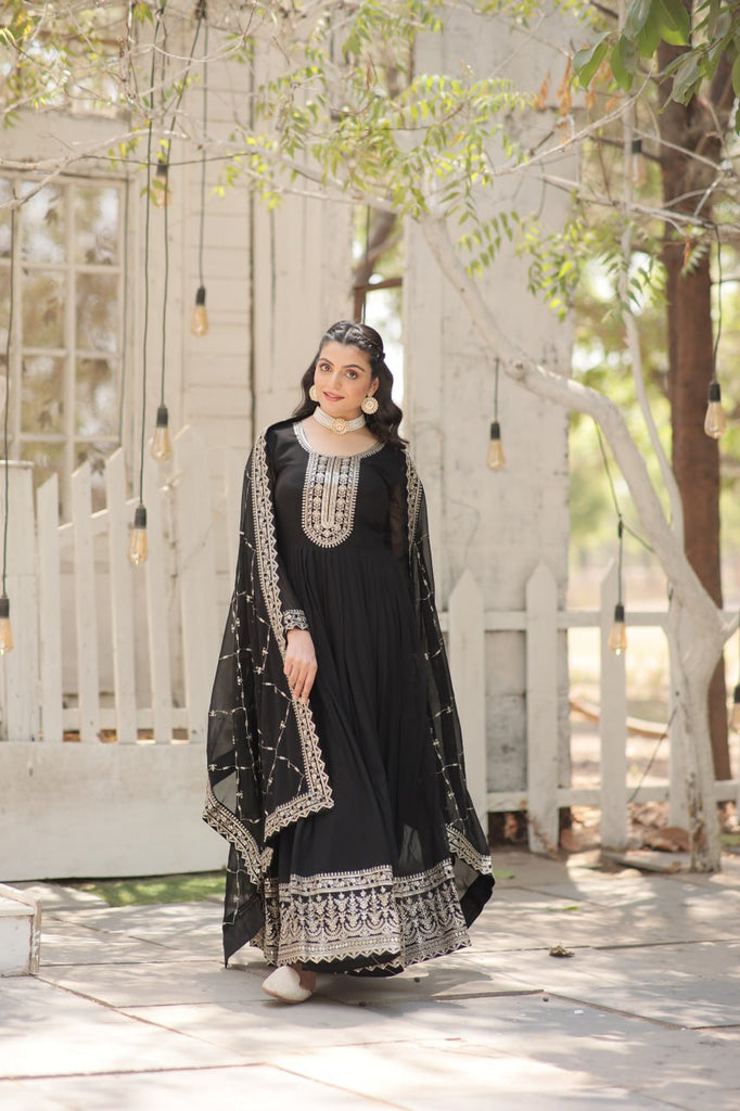 Faux Sequin Embroidered Black Gown with Matching Dupatta ClothsVilla