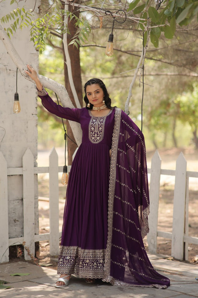 purple dress combination dupatta Dark Purple Silk Gown With Jacquard Banarasi Dupatta