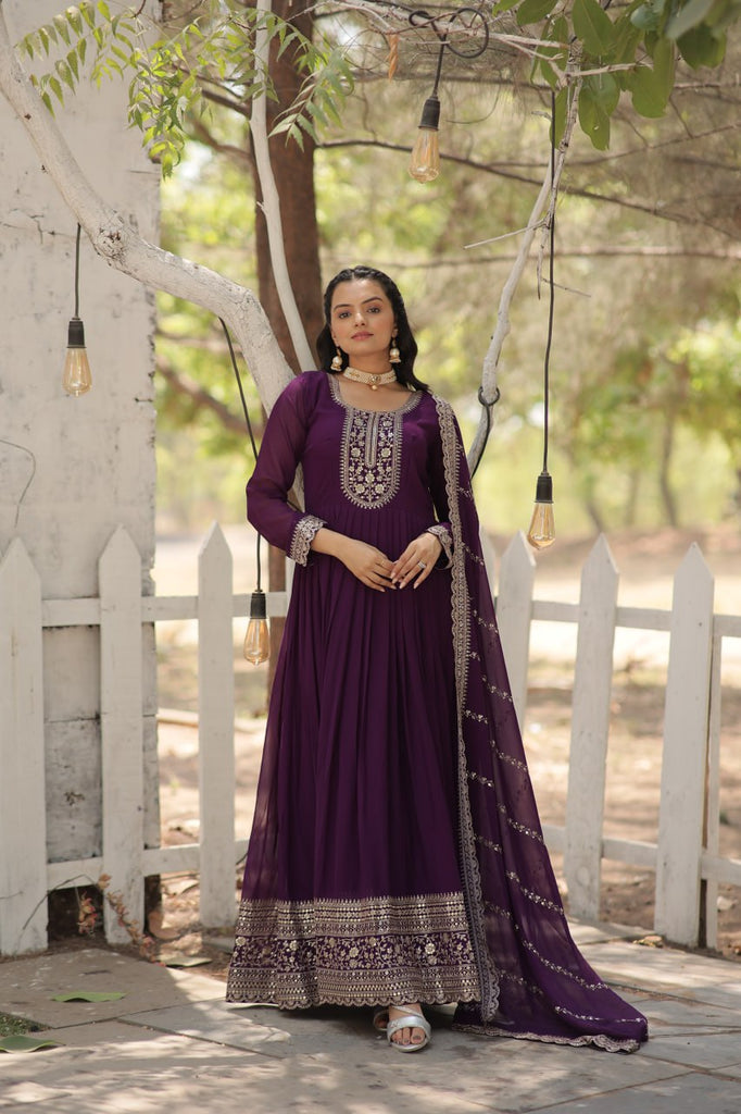 Faux Sequin Embroidered Purple Gown with Matching Dupatta ClothsVilla