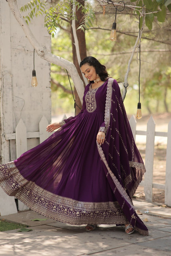 Faux Sequin Embroidered Purple Gown with Matching Dupatta ClothsVilla