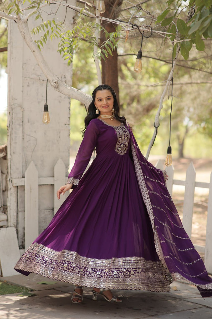 Faux Sequin Embroidered Purple Gown with Matching Dupatta ClothsVilla