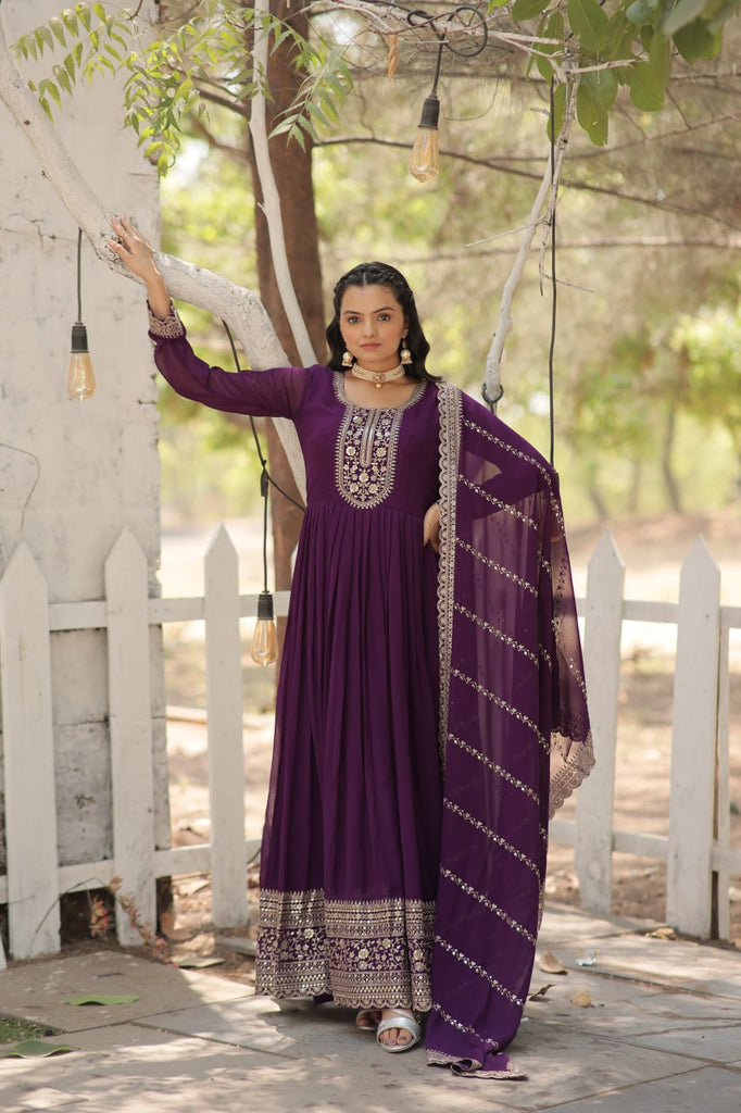 Faux Sequin Embroidered Purple Gown with Matching Dupatta ClothsVilla