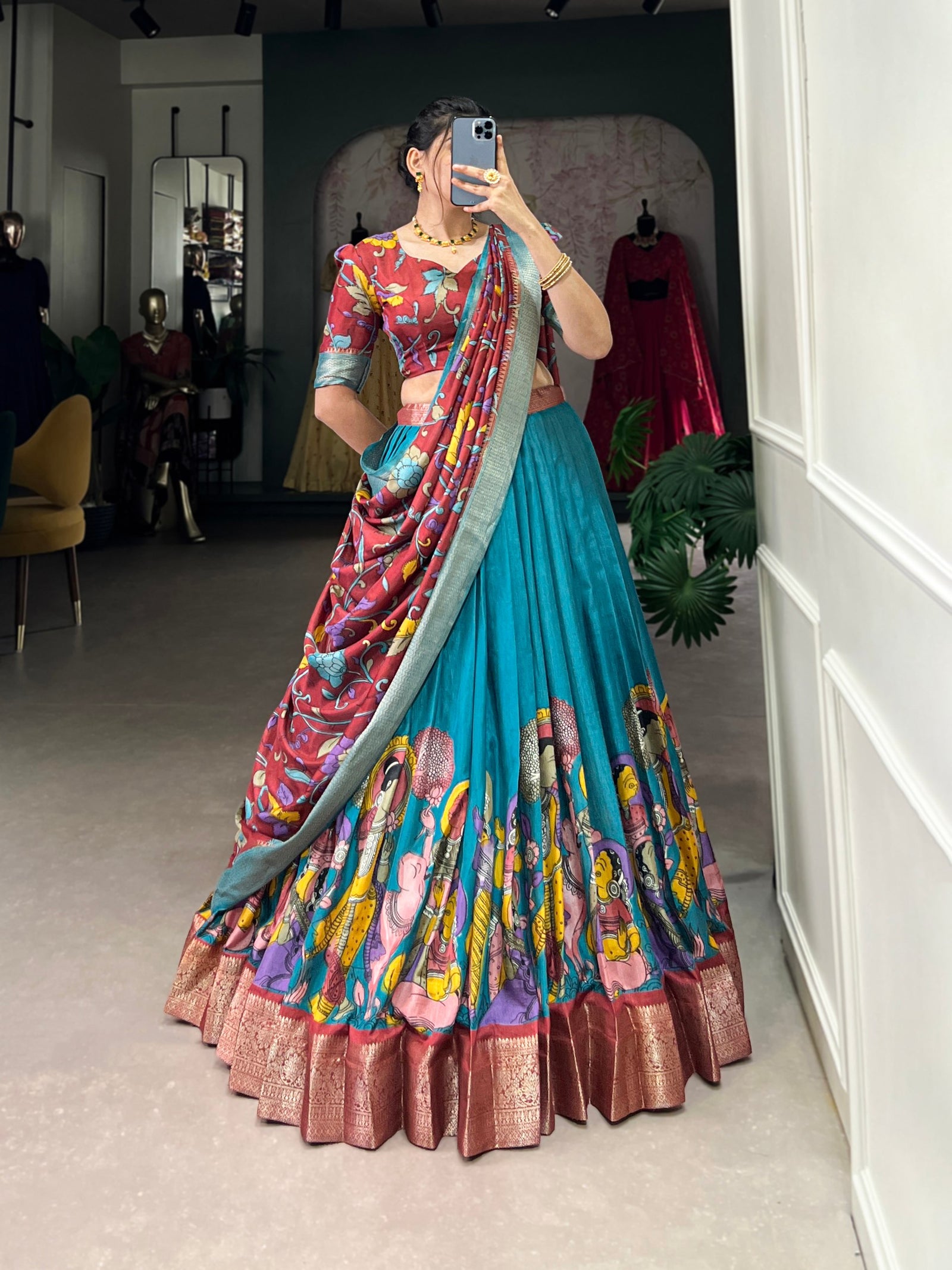 Firoji Dola Silk Kalamkari Lehenga Set with Zari Weaving Border