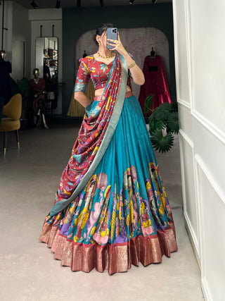 Firoji Dola Silk Kalamkari Lehenga Set with Zari Weaving Border