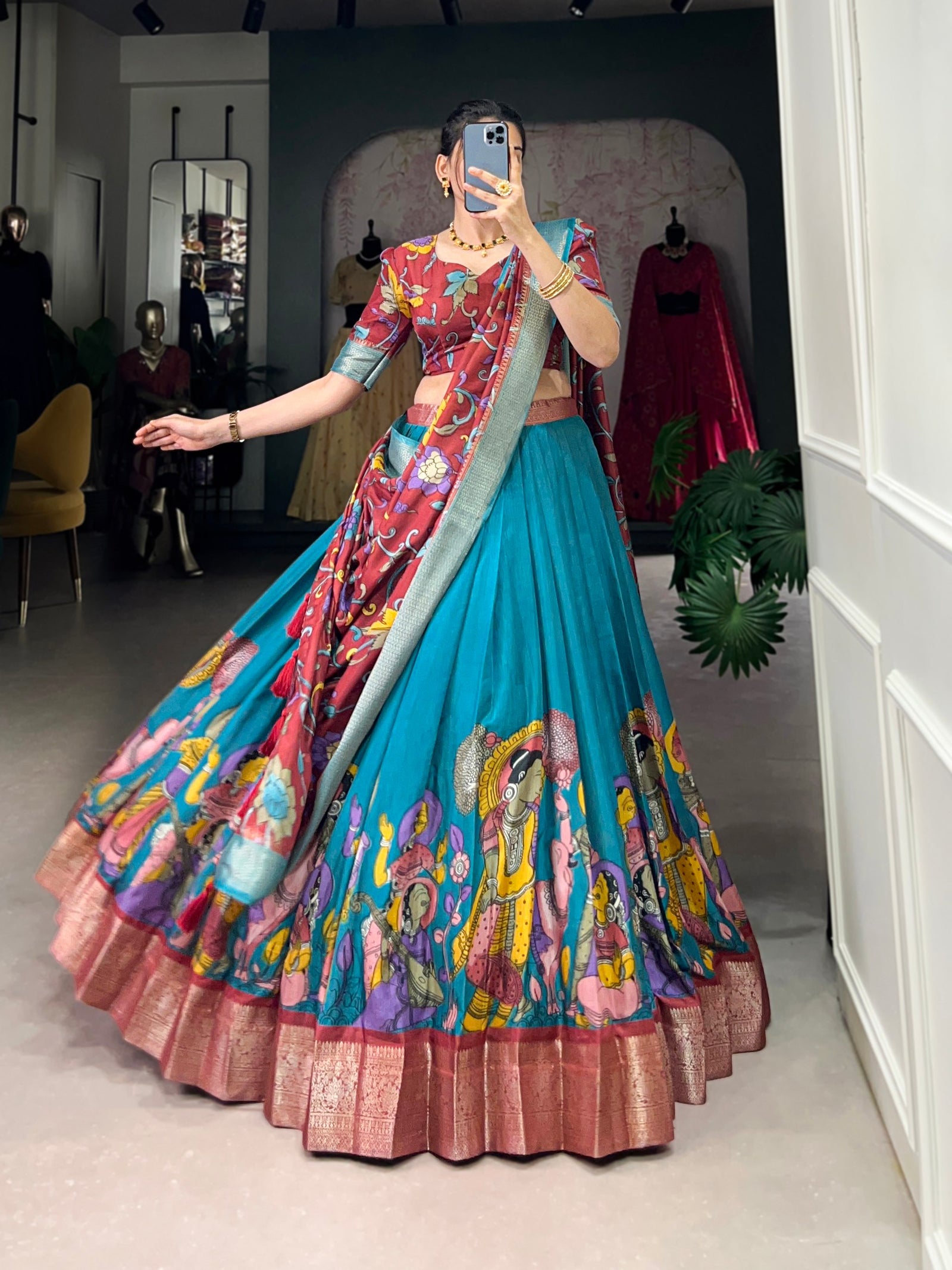 Firoji Dola Silk Kalamkari Lehenga Set with Zari Weaving Border