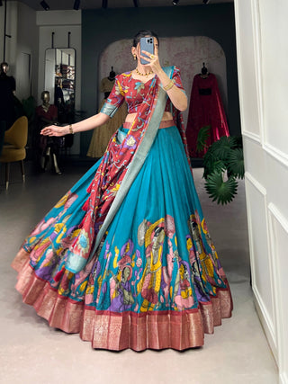 Firoji Dola Silk Kalamkari Lehenga Set with Zari Weaving Border