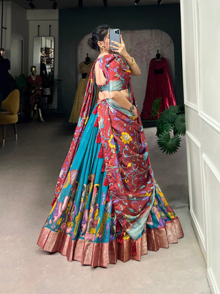 Firoji Dola Silk Kalamkari Lehenga Set with Zari Weaving Border